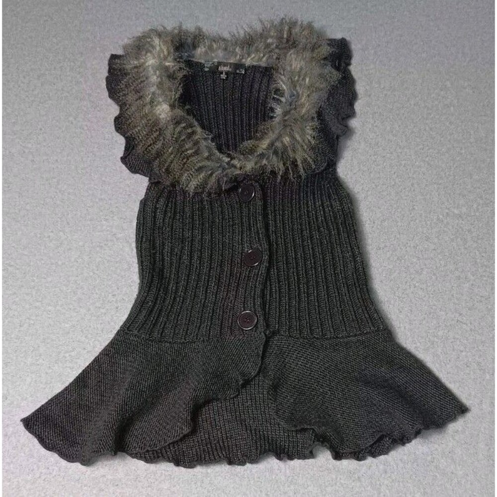 Sioni Y2K Faux Fur Ribbed Knit Ruffle Peplum Sweater S Gray Preppy Whimsigoth
